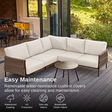 EAST OAK Life Chatter Patio Furniture Set, Outdoor Furniture Corner Sofa Set with Round Coffee Table, 5 Seats Sofa Deep Seating with Thick & Washable Cushions, Chestnut Brown & Creamy Apricot