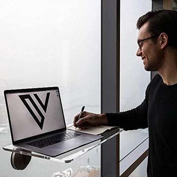 DeskView Premium Standing Desk - Portable & Height Adjustable Tempered Glass Window-Mounted Stand Up Desk - Laptop and Computer Standing Desk - 10 Second Tool-Free Install - Polished Clear Acrylic