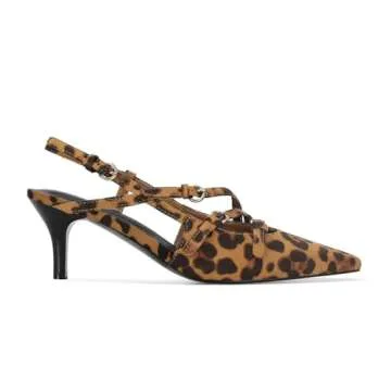 CORNMOOD Leopard Slingback Kitten Heels for Women Dressy Pointed Cheetah Pumps Closed Toe Sling Back Stiletto Heeled Sandals Animal Print Buckle Patent Leather Shoes