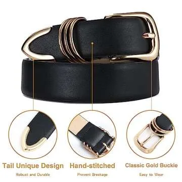 RISANTRY Elegant Black Women's Belt with Gold Buckle
