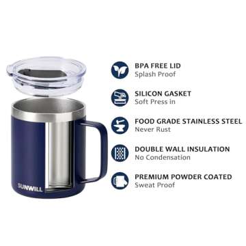 SUNWILL Insulated Coffee Mug with Lid, Travel Tumbler with Handle, 14oz Stainless Steel Cup for Camp...