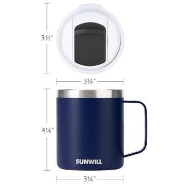 SUNWILL Insulated Coffee Mug with Lid, Travel Tumbler with Handle, 14oz Stainless Steel Cup for Camping, Office, Home, Powder Coated Navy Blue