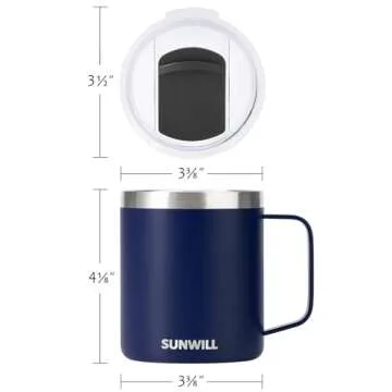 SUNWILL Insulated Coffee Mug with Lid, Travel Tumbler with Handle, 14oz Stainless Steel Cup for Camping, Office, Home, Powder Coated Navy Blue