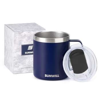 SUNWILL Insulated Coffee Mug with Lid, Travel Tumbler with Handle, 14oz Stainless Steel Cup for Camping, Office, Home, Powder Coated Navy Blue