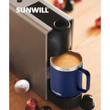 SUNWILL Insulated Coffee Mug with Lid, Travel Tumbler with Handle, 14oz Stainless Steel Cup for Camping, Office, Home, Powder Coated Navy Blue