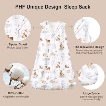 PHF 100% Cotton Baby Sleep Sack, 2-Way Zipper Baby Wearable Blanket, 6-12 Months TOG 0.5 Toddler Sleeping Sack, 2 Pack Sleeveless Soft Sleeping Bags for Baby Boys Girls, Medium, Woodland