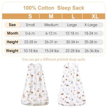 PHF 100% Cotton Baby Sleep Sack, 2-Way Zipper Baby Wearable Blanket, 6-12 Months TOG 0.5 Toddler Sleeping Sack, 2 Pack Sleeveless Soft Sleeping Bags for Baby Boys Girls, Medium, Woodland