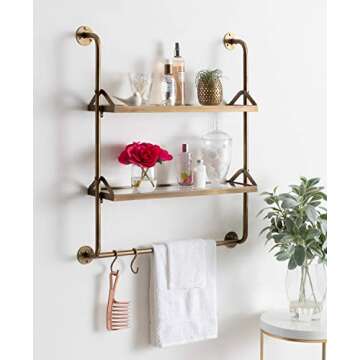 Kate and Laurel Marit Modern Industrial Wall Shelf with Metal Pipe Supports and Glass Shelves, Gold