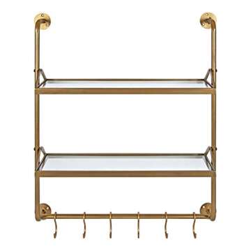 Kate and Laurel Marit Modern Industrial Wall Shelf with Metal Pipe Supports and Glass Shelves, Gold