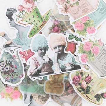Alideco 80Pcs Vintage Victorian Tea Scrapbooking Stickers Scrapbook Paper Aesthetic Kawaii Girls Stickers for Journaling Assorted Phone Adult
