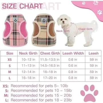 KOOLTAIL Small Dog Harness and Lead Set, Soft Mesh Plaid Puppy Harness with Safety Buckle, Adjustable & Comfortable Padded Reflective Vest for Puppies and Small Breeds Dogs Walking,Pink,X-Small