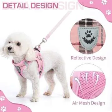 KOOLTAIL Small Dog Harness and Lead Set, Soft Mesh Plaid Puppy Harness with Safety Buckle, Adjustable & Comfortable Padded Reflective Vest for Puppies and Small Breeds Dogs Walking,Pink,X-Small