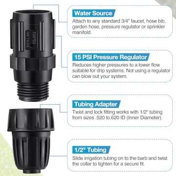 ElectricWise 4 Pcs 15 PSI Drip Irrigation Pressure Regulator Faucet Adapter Kit, 2 Pcs 3/4" FHT x 3/4'' MHT Pressure Regulator, 2 Pcs 1/2 Inch Drip Irrigation Tubing Adapter for Drip Irrigation System