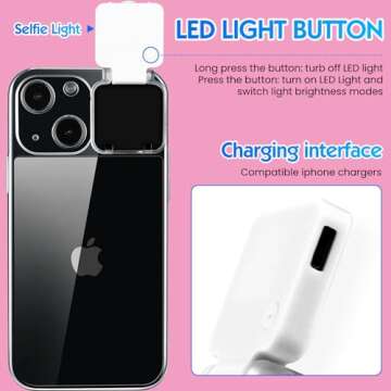 AJDSE Selfie Light for iPhone 15 Case - Rechargeable LED Flash Lighting Case Compatible with Live Stream/Makeup/Video Illuminate for Women - Crystal Clear