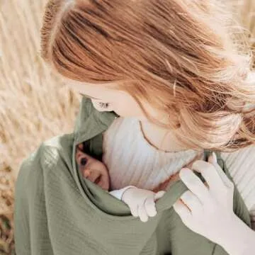 Konssy Muslin Nursing Cover for Baby Breastfeeding, Breathable 100% Cotton Breastfeeding Cover with Rigid Hoop for Mother Nursing Apron, Multi-use Carseat Canopy (Fog Green)