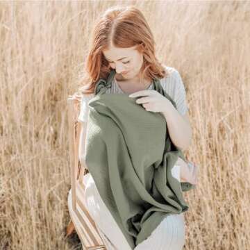 Konssy Muslin Nursing Cover for Baby Breastfeeding, Breathable 100% Cotton Breastfeeding Cover with Rigid Hoop for Mother Nursing Apron, Multi-use Carseat Canopy (Fog Green)
