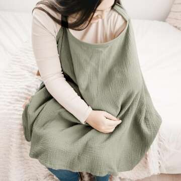 Konssy Muslin Nursing Cover for Baby Breastfeeding, Breathable 100% Cotton Breastfeeding Cover with Rigid Hoop for Mother Nursing Apron, Multi-use Carseat Canopy (Fog Green)
