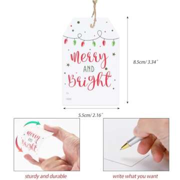 jijAcraft Christmas Gift Tags with String, 50Pcs Merry and Bright Personalized Christmas Name Tags, ...