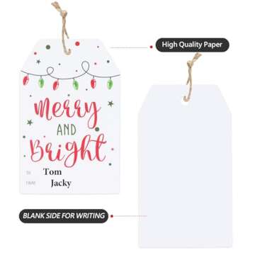 jijAcraft Christmas Gift Tags with String, 50Pcs Merry and Bright Personalized Christmas Name Tags, Boho Red and Green Chritmas Tags for Xmas Holiday Gift Wrapping, Label Name, Present Decoration