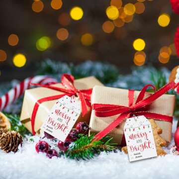 jijAcraft Christmas Gift Tags with String, 50Pcs Merry and Bright Personalized Christmas Name Tags, Boho Red and Green Chritmas Tags for Xmas Holiday Gift Wrapping, Label Name, Present Decoration