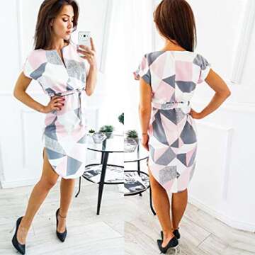 ECOWISH Womens Dresses Summer Casual V-Neck Floral Print Geometric Pattern Belted Summer Dresses for Women 2023