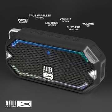Altec Lansing - HydraMini Wireless Bluetooth Speaker, IP67 Waterproof USB C Rechargeable Battery with 6 Hours Playtime, Compact, Shockproof, Snowproof, Everything Proof (Black)