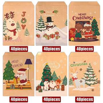 Kolewo4ever 240 Pieces Christmas Kraft Treat Bags Holiday Bags With Xmas Tree Santa Claus, Elk Prints Christmas Goodies Snack Gift Bags Red Green Candy Buffet Paper Bags for Christmas Holiday，6 Styles