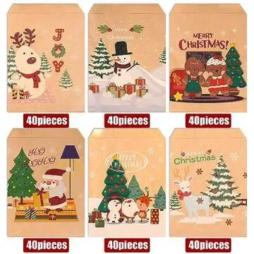 Kolewo4ever 240 Pieces Christmas Kraft Treat Bags Holiday Bags With Xmas Tree Santa Claus, Elk Prints Christmas Goodies Snack Gift Bags Red Green Candy Buffet Paper Bags for Christmas Holiday，6 Styles