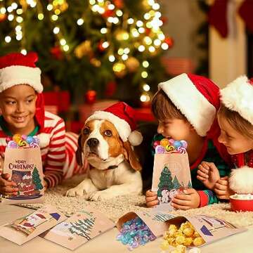 Kolewo4ever 240 Pieces Christmas Kraft Treat Bags Holiday Bags With Xmas Tree Santa Claus, Elk Prints Christmas Goodies Snack Gift Bags Red Green Candy Buffet Paper Bags for Christmas Holiday，6 Styles