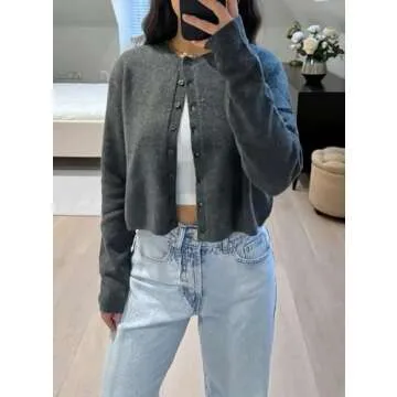 Cioatin Women Y2K Open Front Button Down Crop Sweater Cardigan Long Sleeve Lightweight Knit Pullover Fall Outfits Tops Dark Gray