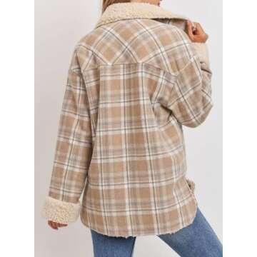 Dokotoo Winter Jackets for Women Warm Thick Fleece Lined Plaid Jacket Teddy Bear Button Down Sherpa Fluffy Long Sleeve Shacket Flannel Shirts Cute Fall Coat Outwear Small Khaki