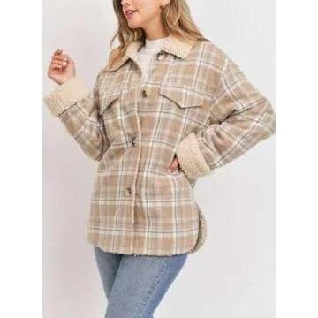 Dokotoo Winter Jackets for Women Warm Thick Fleece Lined Plaid Jacket Teddy Bear Button Down Sherpa Fluffy Long Sleeve Shacket Flannel Shirts Cute Fall Coat Outwear Small Khaki