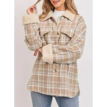 Dokotoo Winter Jackets for Women Warm Thick Fleece Lined Plaid Jacket Teddy Bear Button Down Sherpa Fluffy Long Sleeve Shacket Flannel Shirts Cute Fall Coat Outwear Small Khaki