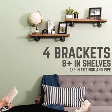 Pipe DÉCOR Industrial Pipe Shelf Brackets 4 Pack, Authentic Pipe Plumbing Fittings and Pieces, Wall Mounted Double Flange Floating Shelves, Rustic Bracket Set for Vintage Shelving Decor (4 Inch)