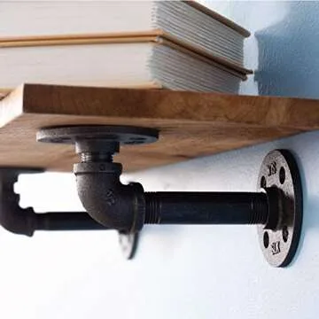 Pipe DÉCOR Industrial Pipe Shelf Brackets 4 Pack, Authentic Pipe Plumbing Fittings and Pieces, Wall Mounted Double Flange Floating Shelves, Rustic Bracket Set for Vintage Shelving Decor (4 Inch)