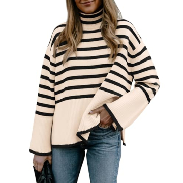BTFBM Women's Winter Sweaters Casual Turtleneck Long Sleeve Striped Side Slit Loose Pullover Sweater...