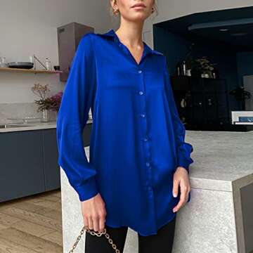 Womens Long Sleeve Elegant Shirt Lapel Top Shiny Satin Shirt Women's Tops Formal Business Blouse for Suit Pants