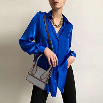 Womens Long Sleeve Elegant Shirt Lapel Top Shiny Satin Shirt Women's Tops Formal Business Blouse for Suit Pants
