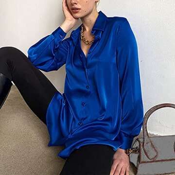 Womens Long Sleeve Elegant Shirt Lapel Top Shiny Satin Shirt Women's Tops Formal Business Blouse for Suit Pants