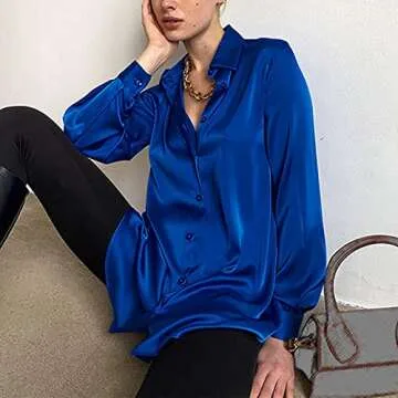 Womens Long Sleeve Elegant Shirt Lapel Top Shiny Satin Shirt Women's Tops Formal Business Blouse for Suit Pants