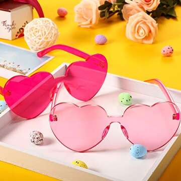 Maxdot 2 Pieces Heart Shape Rimless Sunglasses Transparent Candy Color Frameless Glasses Love Eyewear (Rose Red, Pink)