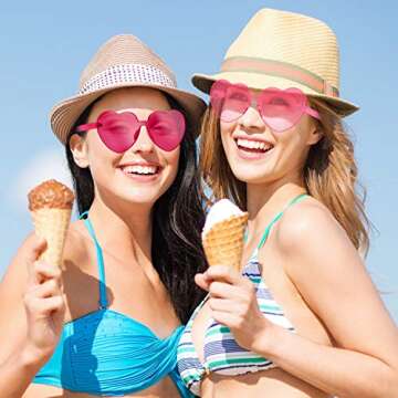 Maxdot 2 Pieces Heart Shape Rimless Sunglasses Transparent Candy Color Frameless Glasses Love Eyewear (Rose Red, Pink)