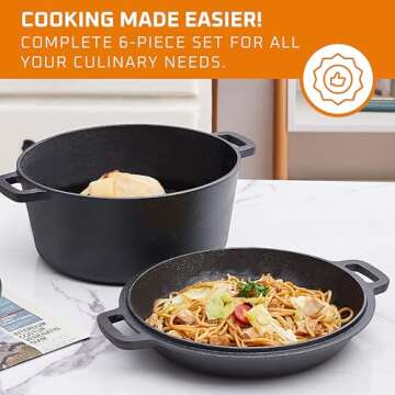 Bruntmor Pre Seasoned 6 pcs Pots And Pans Set - Double Dutch Oven Crockpot - Cooking Set - Cast Iron...