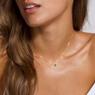 Initial Necklaces for Women, 14k Gold Plated Necklace Dainty Gold Letter Choker Necklaces, Cute Letter Necklace Green Pendant Necklace Gold Necklace for Women Jewelry Gifts（A,Green)