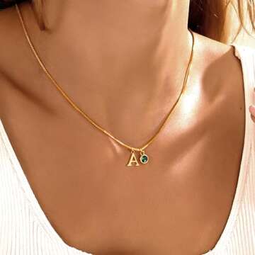 Initial Necklaces for Women, 14k Gold Plated Necklace Dainty Gold Letter Choker Necklaces, Cute Letter Necklace Green Pendant Necklace Gold Necklace for Women Jewelry Gifts（A,Green)