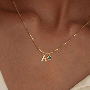Initial Necklaces for Women, 14k Gold Plated Necklace Dainty Gold Letter Choker Necklaces, Cute Letter Necklace Green Pendant Necklace Gold Necklace for Women Jewelry Gifts（A,Green)