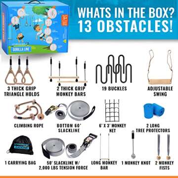 Ninja Warrior Obstacle Course for Kids – 2 x 60 ft, 880 lbs Capacity, 13 Weatherproof Obstacles, Bottom Line, Traverse Rings, Monkey Net – Easy Setup on Trees or Posts for Outdoor Fun