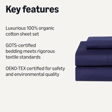 Amazon Basics Soft Organic Cotton Sheet Set with 2-Pieces Pillowcase, Navy Blue, Queen