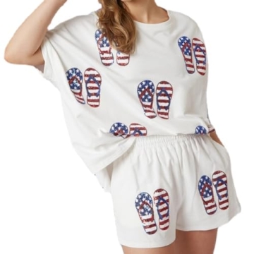 Adokioths Women 4th of July Outfit American Flag Sequins Short Sleevle T-Shirt Casual Summer Two Pie...