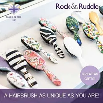 Rock & Ruddle Natural Mixed Boar Bristle Hair Brush for Women and Kids (Small/Travel Size, 17.5cm) - Perfect for Wet or Dry Hair, Detangling Smoothing Blowdrying - Made in UK - Black & White Stripes